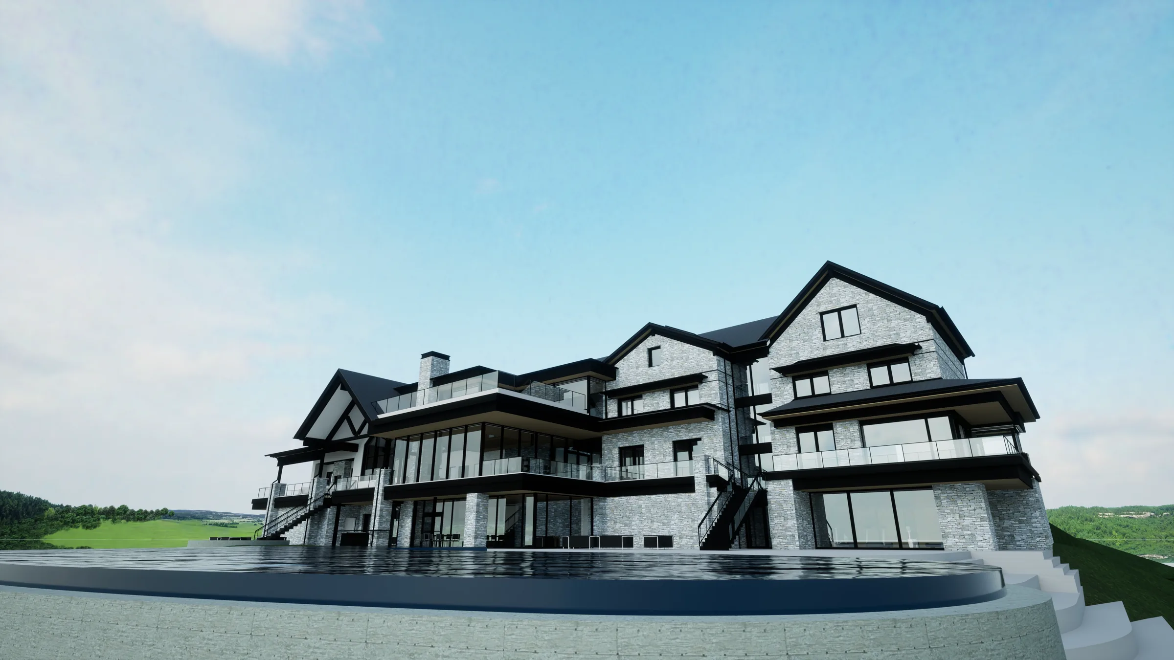 Southwest architectural rendering of the Modern Mountain House on its hillside site