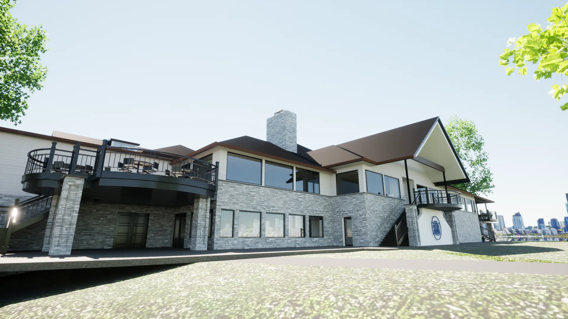 Architectural rendering of a renovated golf course clubhouse with covered terraces facing the course