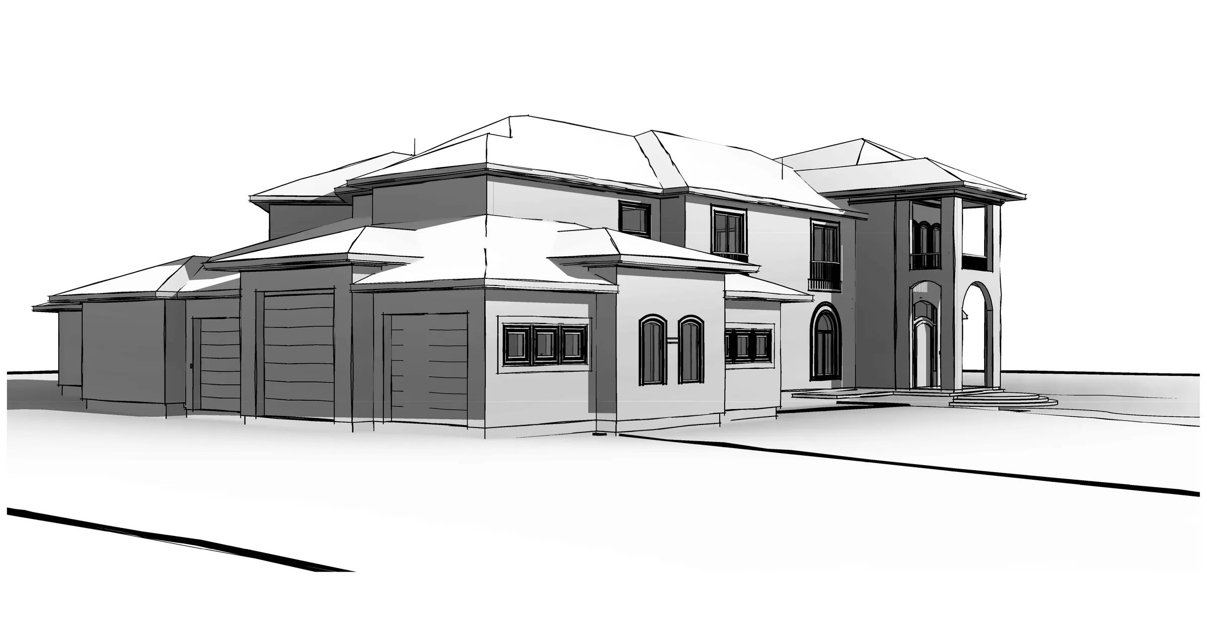 Monochrome BIM massing model of the residence from the entry approach
