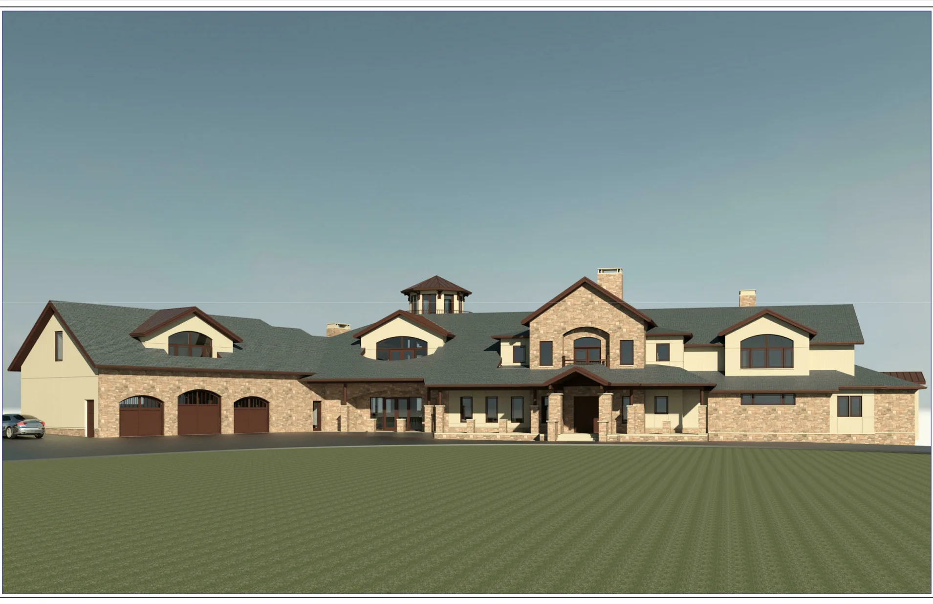 Architectural rendering of the front elevation with a three-car garage, arched entry, and tower