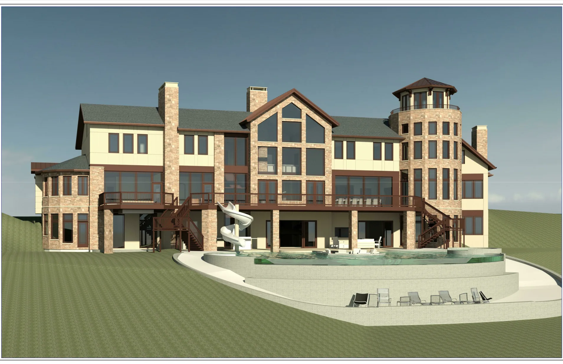 Architectural rendering of the rear elevation with a pool, terraces, and glazed tower