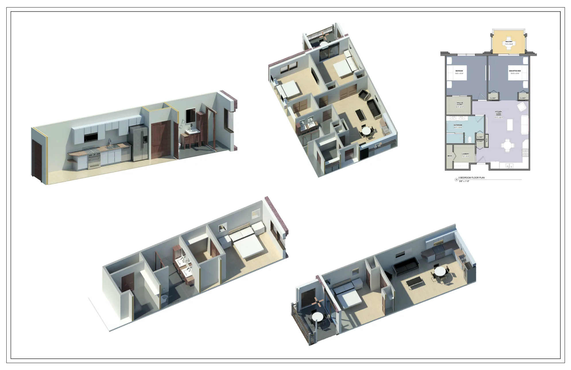 Architectural presentation board comparing adaptive reuse multifamily layouts and interior configurations