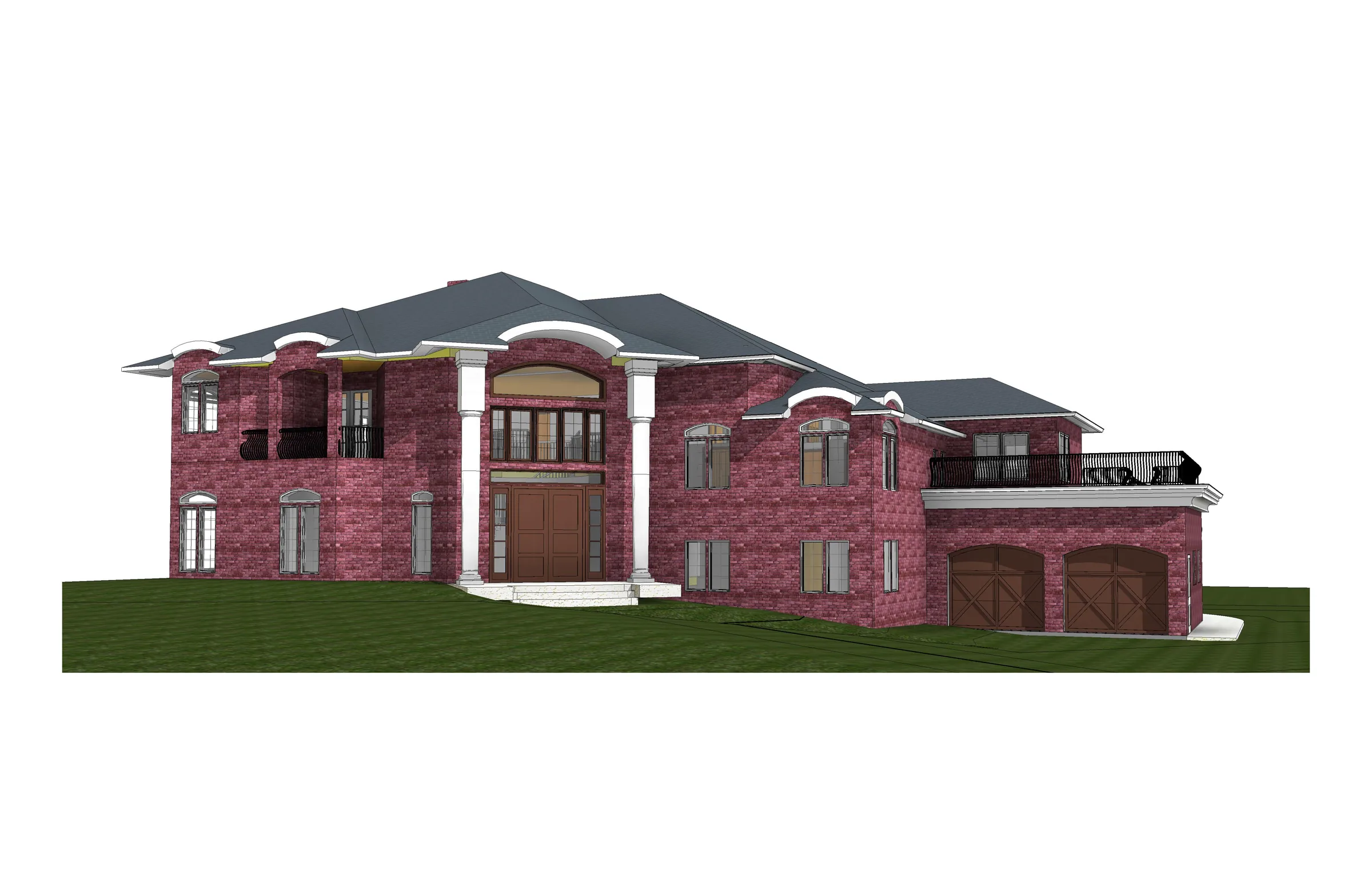 Rendering of the proposed brick front elevation with a columned entry portico, arched entry, roof-deck railings, and a garage wing at right