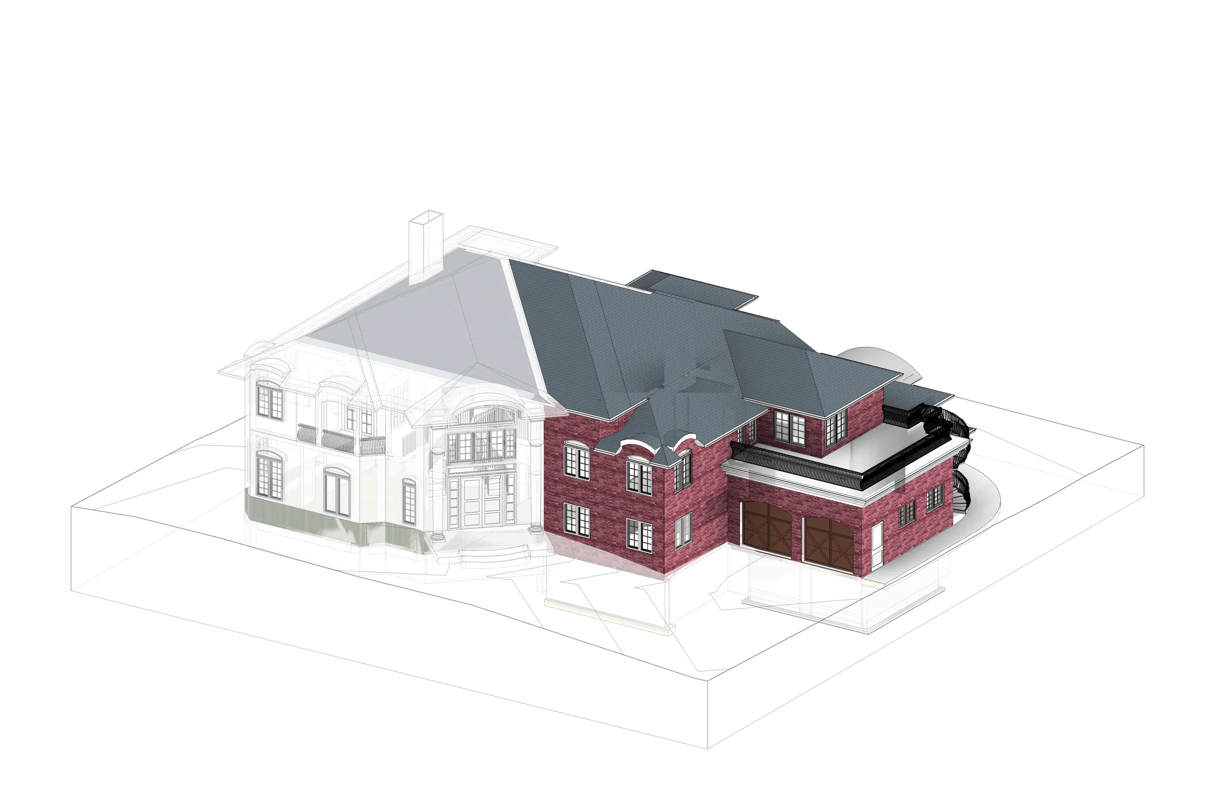 Axonometric model in which the existing house is drawn as a translucent white outline and the proposed brick wing is shown solid