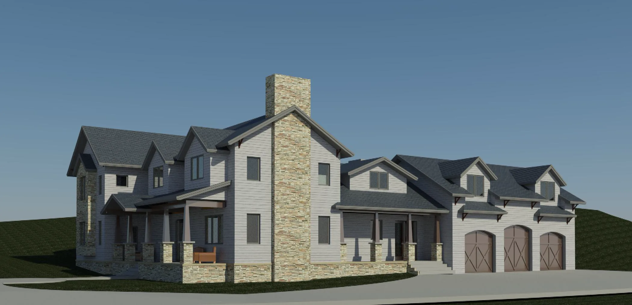 Architectural rendering of the proposed residence with gabled roofs, a prominent chimney, and a three-car garage